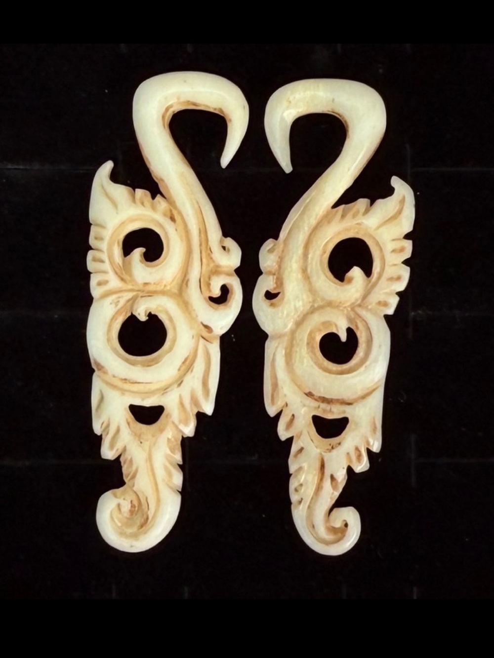 Vintage Carved Cream Tribal Gauge Earrings